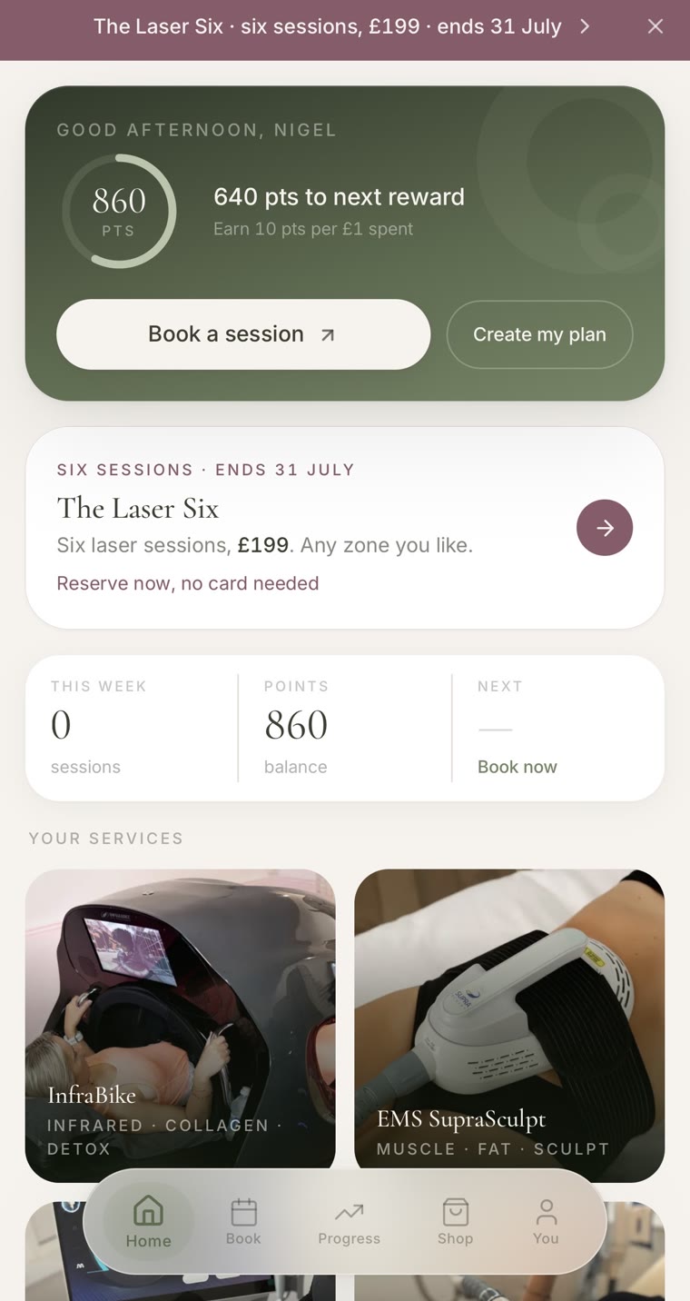 The Astrabody member app showing your sessions, points and current offers